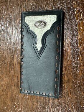 Genuine Leather Long Bi-fold Men's Wallet Horse Rider Cross Animal Hair Black
